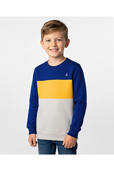 Pine kids سويت شيرت قطني محبوك بأكمام طويلة بلون موحد - أزرق ورمادي