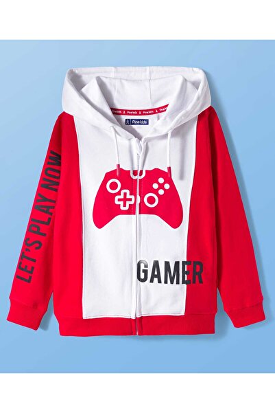 Pine kids Cotton Knit Full Sleeves Hooded Jacket with Gaming Print - Red