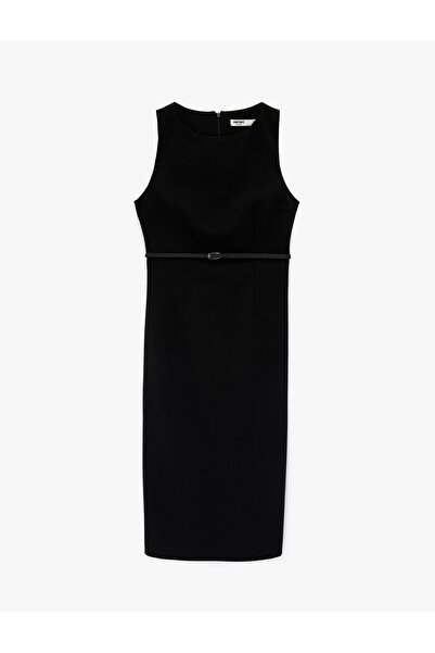 Koton Belt Detailed A-Line Slim Fit Sleeveless Crew Neck Midi Dress