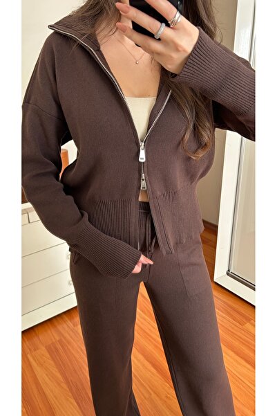 Selin Damla Brown Double Zipper Knitwear Set