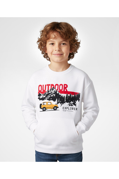 Pine kids Knit Full Sleeves Sweatshirt with Travel Theme Print & Kangaroo Poc...