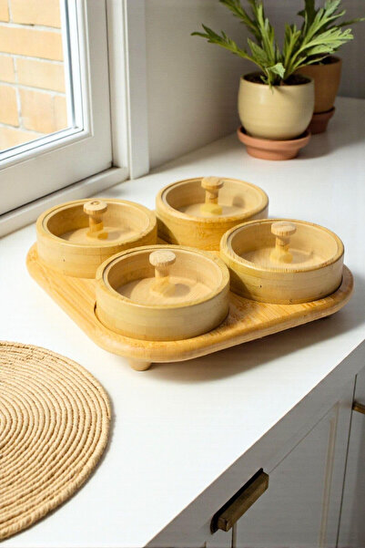 tutku home Bambu Tepsili 4'lü Yuvarlak Çerezlik, Kahvaltılık, Sunumluk (22*22...