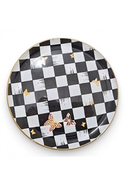 Sudedi Home Gerçek Altın Yaldızlı Cam Pasta Tabağı 21 cm Siyah Beyaz Dama Des...