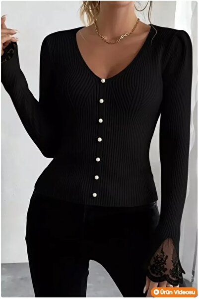 KARSEL Sleeve Guipure Detailed V-Neck Knitwear Blouse