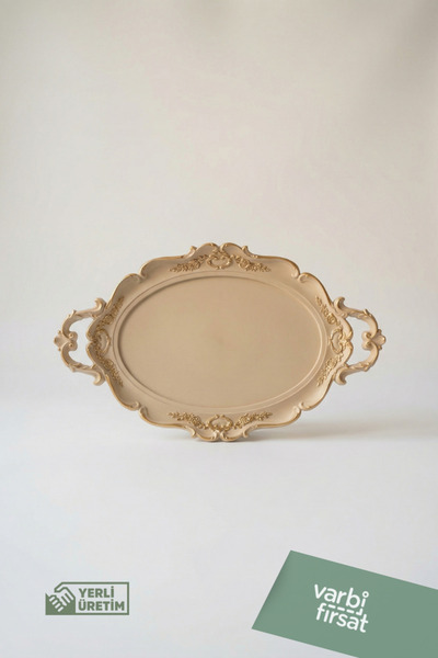 Varbifırsat Oval Beige Gold Detailed Presentation Tray - 48X28X3 cm