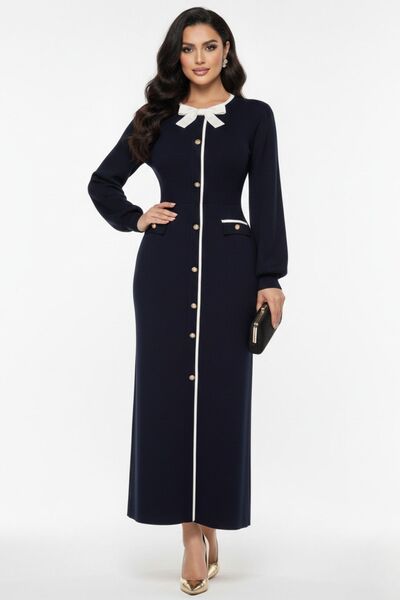 Cara Midi Boy Kadın Triko Elbise Kurdeleli Düğmeli Standart Beden Pamuklu Renk