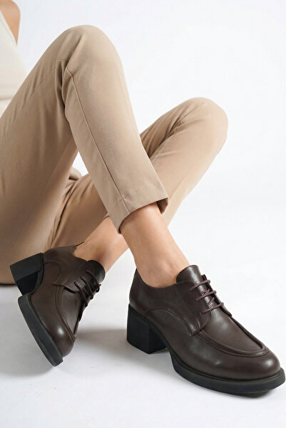 GRADA حذاء أكسفورد نسائي بكعب عالٍ من الجلد الطبيعي باللون البني، حذاء أكسفور...