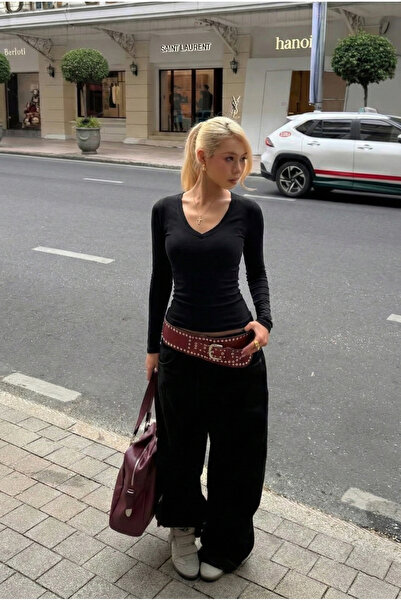 Nuzrk kids Kadın %100 Pamuk Esnek Kumaşlı Vücuda Oturan Slim Fit Uzun Kollu V...