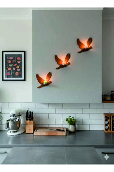 İLK HEDİYEM Ceviz renkli Kuş Desenli Dekoratif Ahşap Mumluk Seti 3'lü