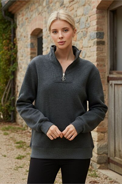 DOFİ Kadın Antrasit Yarım Fermuarlı Kapüşonlu Sweatshirt