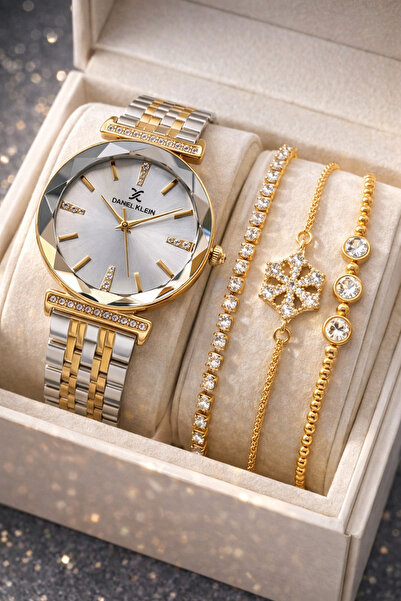 Daniel Klein Marka Sarı Gümüş Renk Orijinal Kadın Kol Saati 3’lü Bileklik Set...