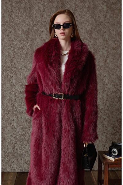 Fatma Atasoy Tüylü Bordo Maksi Kürk Kaban