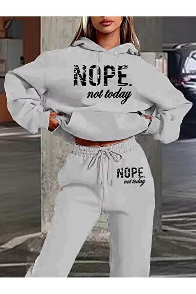 WOODROFFE Women's Nope Printed Hooded Bottom Top Oversized Black/Grey Tracksu...