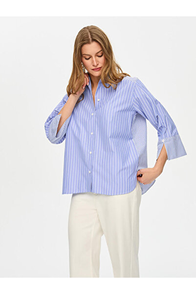 Faik Sönmez Ruched Detail Striped Poplin Shirt with Sleeves