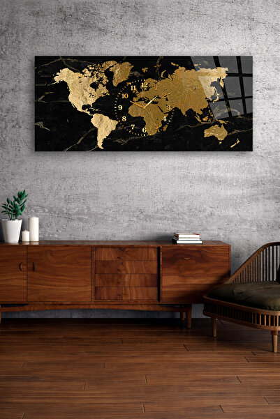 Olinpa KIRILMAZ CAM DUVAR SAATİ , HEM TABLO HEM SAAT ALTIN DÜNYA HARİTASI SİY...