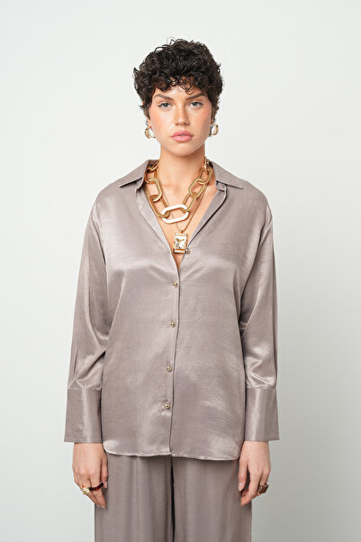 Orfeo Negro Women's V-Neck Plain Mink Color Satin Look Shirt