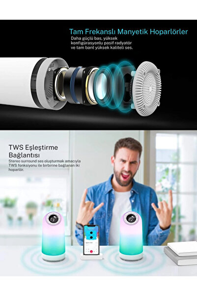 YENİTECH Bluetooth Hoparlörlü Gece Lambası 7’si 1 Arada Alarm Saati FM Radyo Dokunmatik RGB Işık Renkli Lamba
