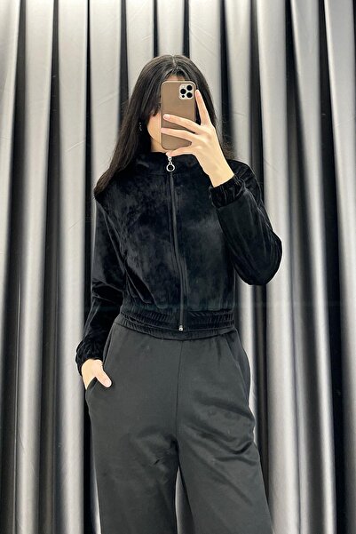 KECHİ WOMAN Turtleneck Crop Velvet Jacket - Black Black