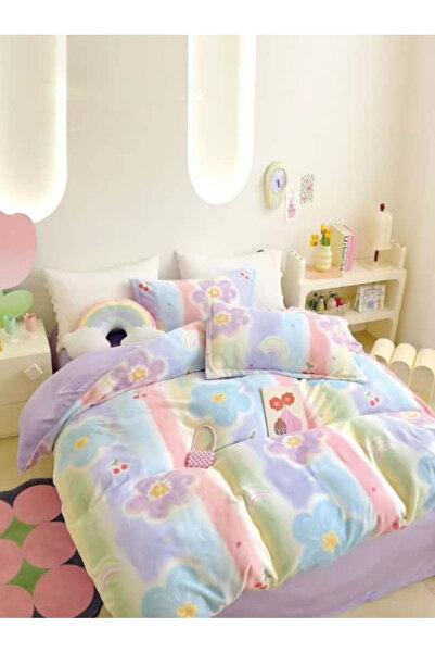 FIONNA.RO Cocolino 4-Piece Bed Linen with Elastic - Lilac with Multicolored F...