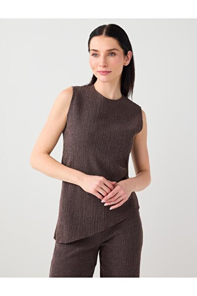 Jimmy Key Coffee Melange Straight Cut Round Neck Knitted Blouse