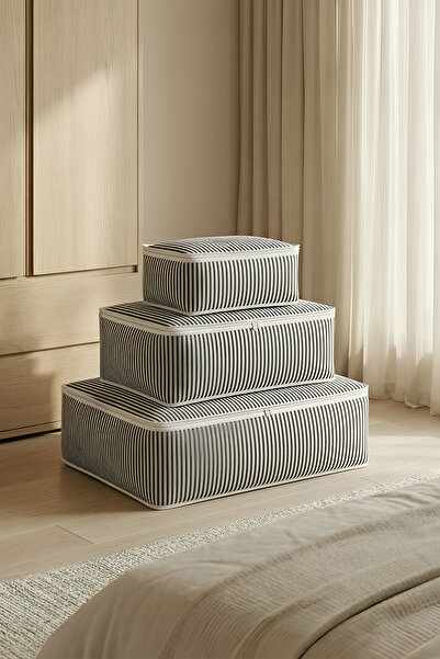 tropikal home 3 Adet Antrasit Çizgili Büyük Orta Küçük Boy Baza Çekyat Altı Y...