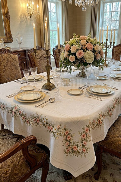 Çt Çeyizci Tekstil Table Cloth, Digital Printed Cross Stitch Single Table Clo...