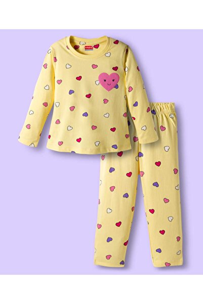 Babyhug Cotton Knit Full Sleeves Pajama Set with Heart Print - Yellow