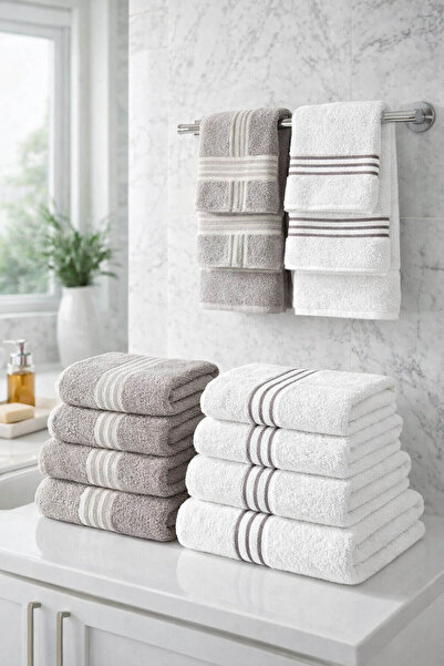 Elif Mira 8 Piece 100% Cotton Family Towel Set - 4 Pieces 70X140 cm & 4 Piece...
