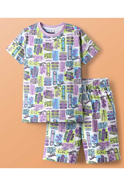 Pine kids Single Jersey Knit Half Sleeves Shorts Night Suit with Skating Prin...