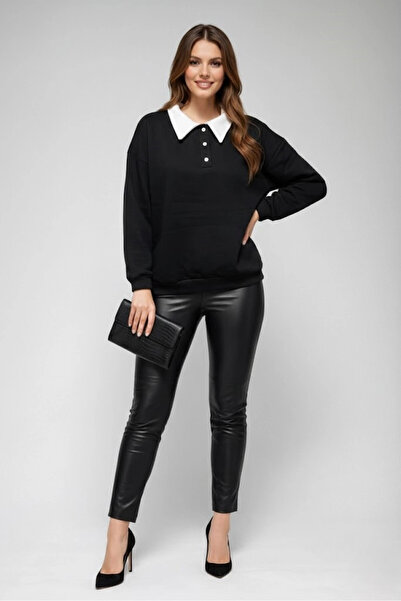 Cool & Sexy Women's Polo Collar Black Sweatshirt