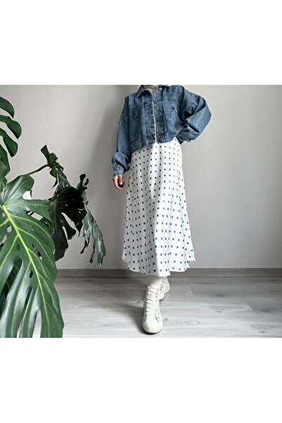 Muennesofi Mavi Puantiyeli Beyaz Saten Verev Etek