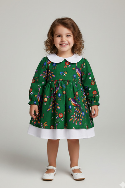 Bertuğ Bebek Peter Pan collar Poplin Girl's Baby Flannel Poplin Green and Whi...