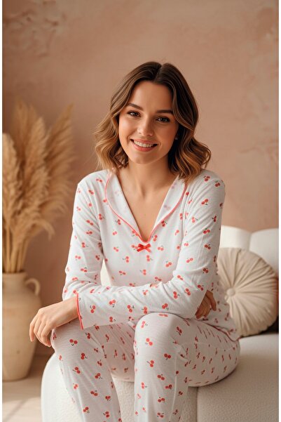 LİLA İÇ GİYİM Red Cherry Patterned Jacquard Collared Knitted Pajama Set