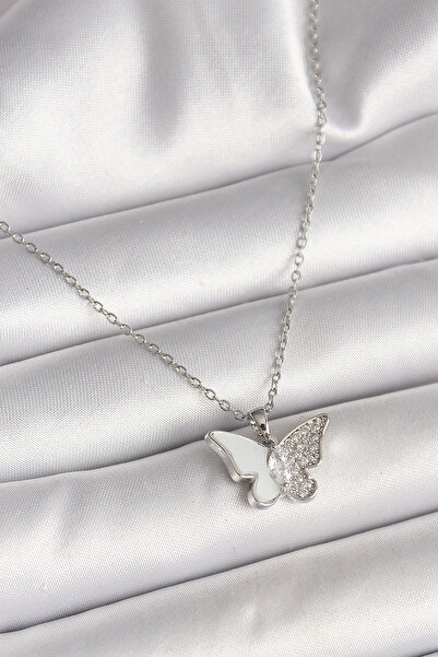 shopwave 316L الصلب الفضة اللون سلسلة الزركون حجر الأبيض المينا فراشة نموذج ق...