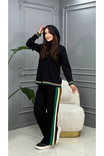 Cannes طقم بدلة رياضية سوداء من ريكا تفاصيل مخططة مزودة بسحّابات