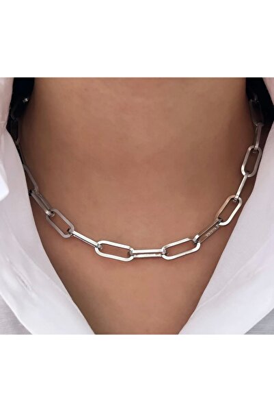 Nisa MODERN DİKDÖRTGEN ZİNCİR GÜMÜŞ RENGİ ÇELİK KOLYE