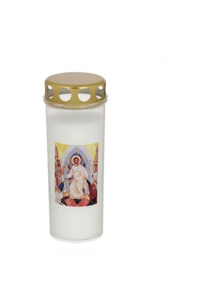 OEM Decorative White Candle with Religious Pattern & Lid Ø8x16cm