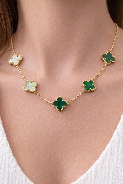 charmove ile kendinizi şımartın Gold Color Clover Patterned Stone Steel Necklace