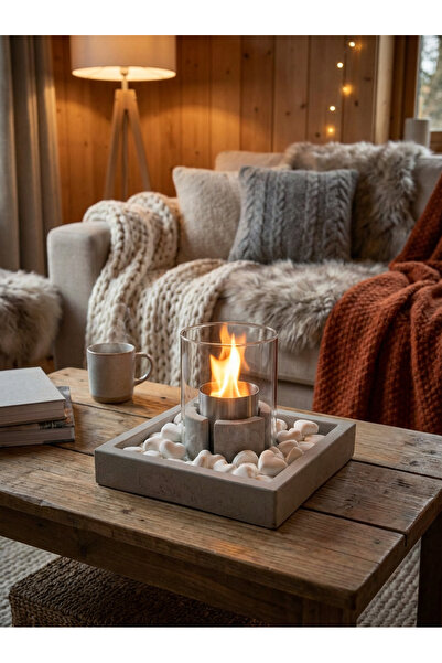 ZURİ DESİGN Beton Masaüstü Şömine – Dumansız Dekoratif Taşlı Biyoetanol Şömin...