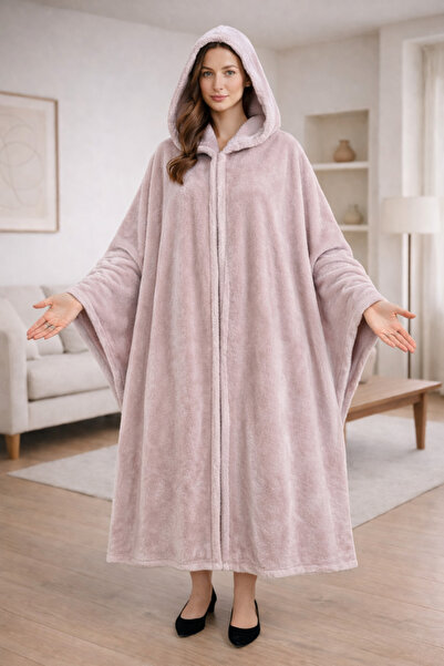 Alpin Pembe Kapüşonlu Peluş Panço - Unisex Premium Panço