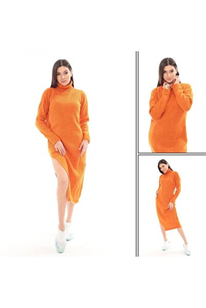 Cannes Elya Slit Detailed Turtleneck Orange Long Knitwear Dress