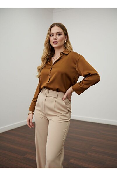 PERA MODA Plus Size Silk Satin Classic Shirt