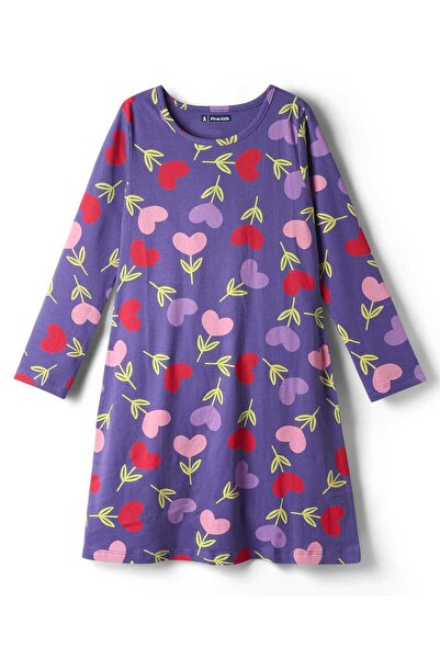 Pine kids قميص نوم قطني محبوك بأكمام طويلة مطبوع قلوب - بنفسجي