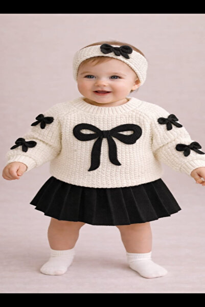 Meriç bebe Baby Girl Bowknot Thessaloniki Sweater, Pleated Skirt and Headband...