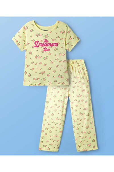 Pine kids Cotton Knit Half Sleeves Co-ords Night Suit with Floral Print - Yellow