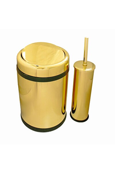 FKN Swinging Lid Gold Trash Can 8 Liters - Bathroom Set with Toilet Brush