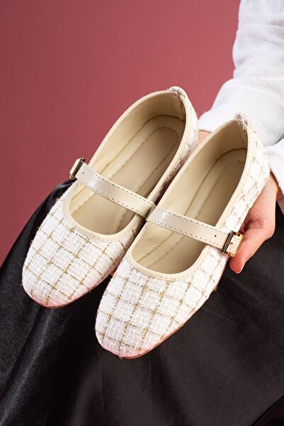 FUGA MODA Minerva Beige Glitter Fabric Gold Buckle Belted Ballerinas