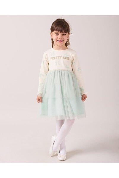 Magu Girl's Cotton Ecru Text Printed Sweatshirt Dress with Tulle Skirt