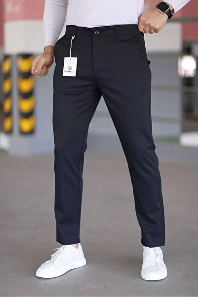 MODAMESTO Men's Navy Blue Slim Fit Armür Patterned Stretch Fabric Trousers