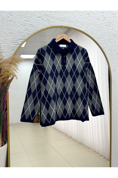 BENAHOLL İlknur Polo Collar Baklava Pattern Sweater-Zi̇5593 Navy Blue
